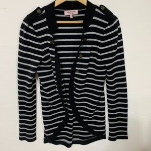 Juicy Couture Black White Striped Open Cardigan Buttons Shoulder Accent Sz Med